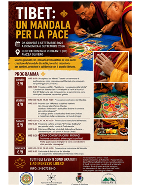 TIBET. un Mandala per la Pace
da Giovedì 3 settembre a domenica 6 settembre 2026