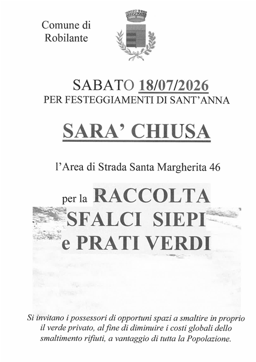 Sabato 18 luglio 2026 chiusura area di Strada Santa Margherita,46 per festeggiamenti di Sant'Anna.